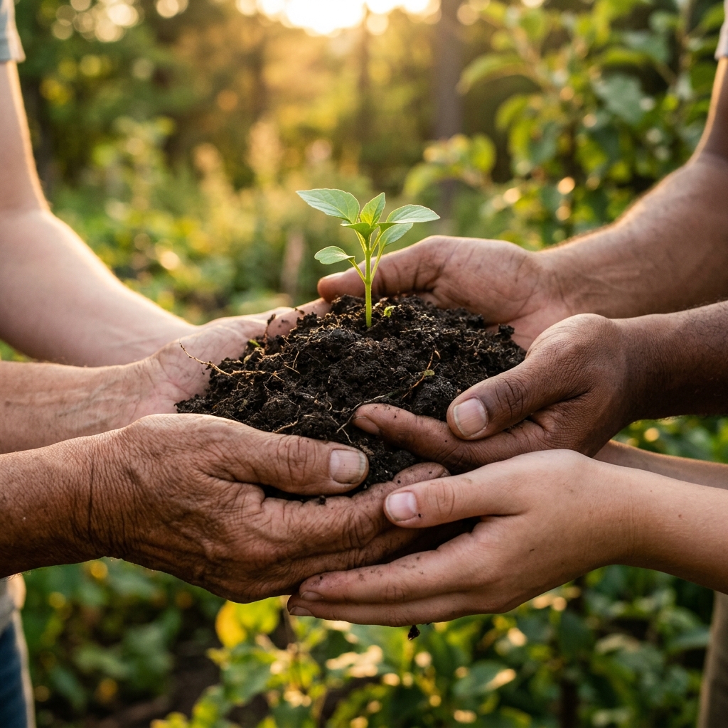 Hands holding a plant seedling — ecosystem collaboration